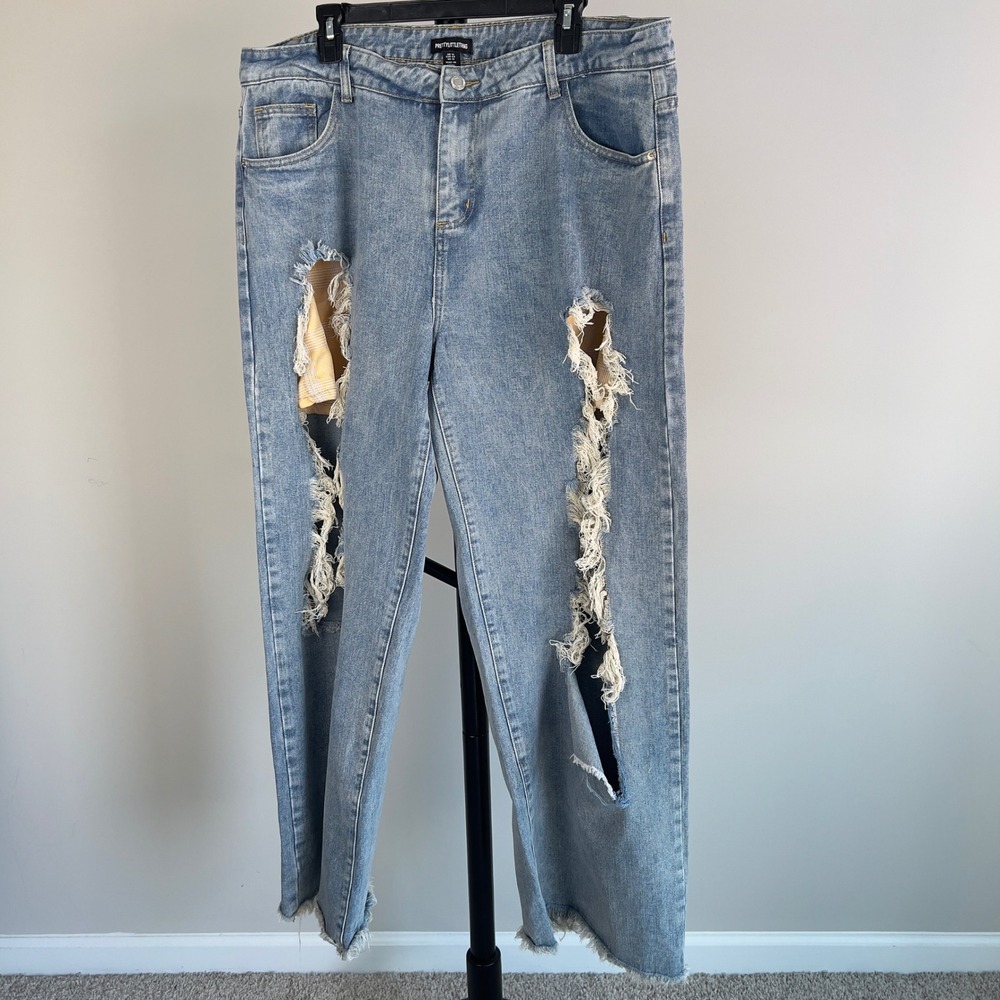 PrettyLittleThing Distressed Plaid Patch Jeans Light Wash Wide Leg US 12